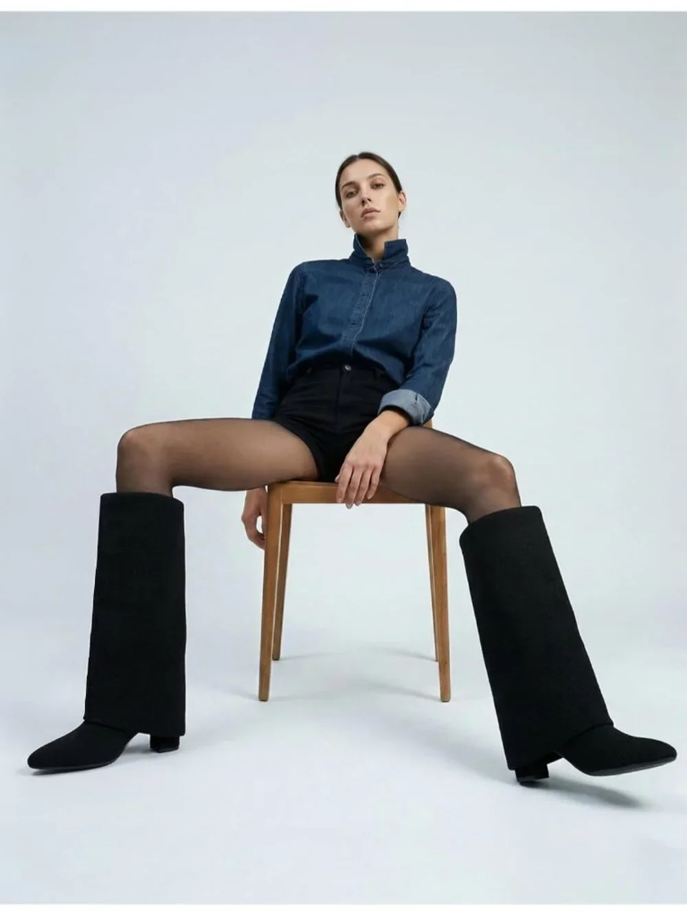 Women Black Fabric Pointed Toe Chunky Heel Faux Leather Over The Knee High Boots